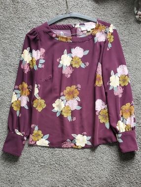 LOFT Plum Floral Blouse with Yellow & Pink Accents